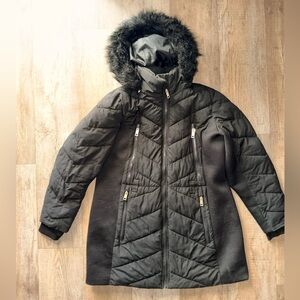 MICHAEL Michael Kors Black Puffer Coat with Fur Trim